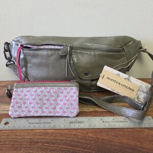Aunts & Uncles Olive Leather Crossbody / Belt Bag + Flamingo Pouch